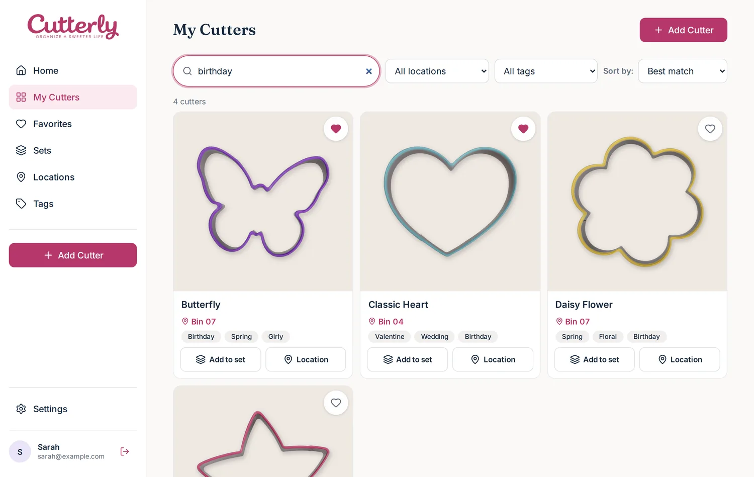 Searching for birthday cutters and seeing only the matching cutters with their bins