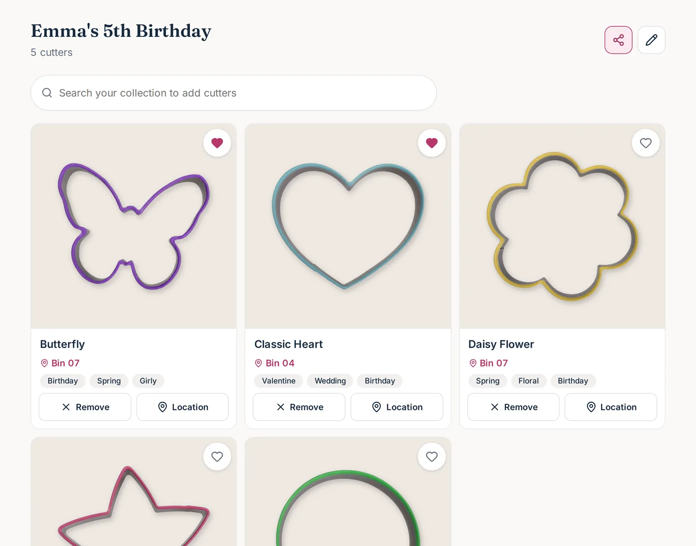 A set called Emma's 5th Birthday with five cutters and share and edit buttons
